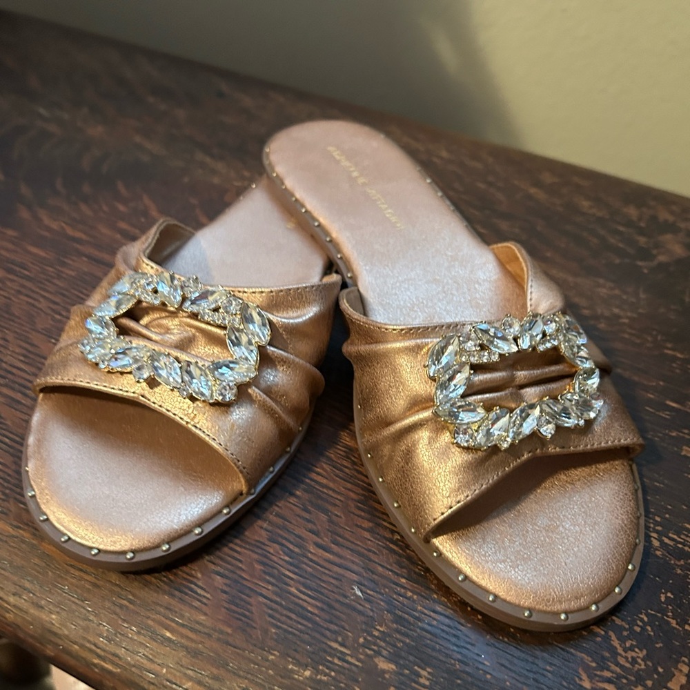 Adrienne Vittadini Gold Sandals with Rhinestone Buckle